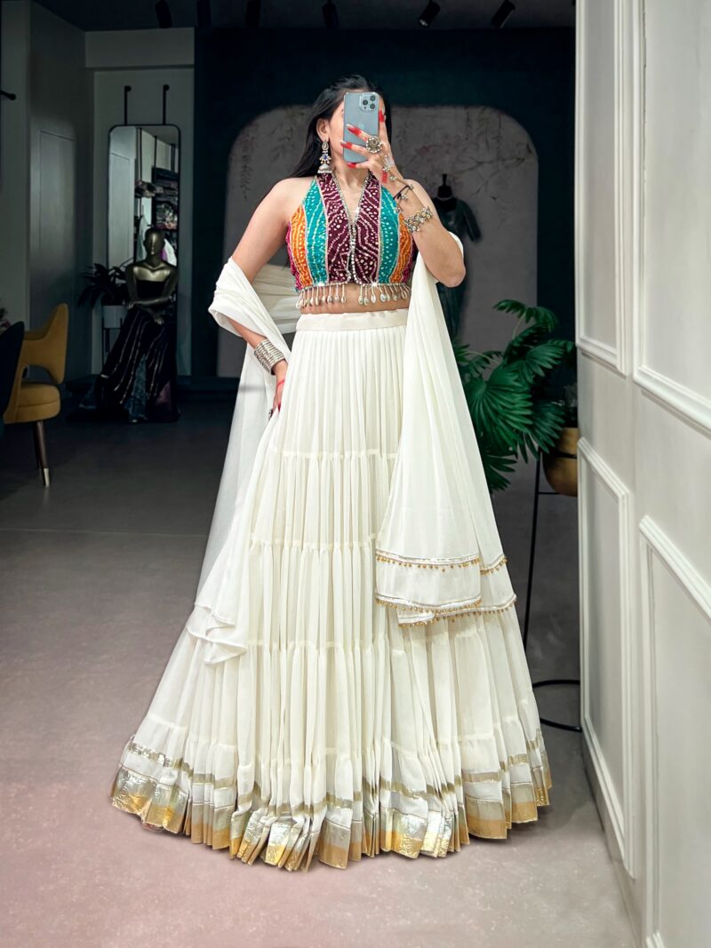 White Bandhani Mirror Work Garba Navratri Lehenga full front look