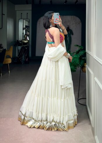 Designer Lehengas 24 White Bandhani Mirror Work Garba Navratri Lehenga back side look