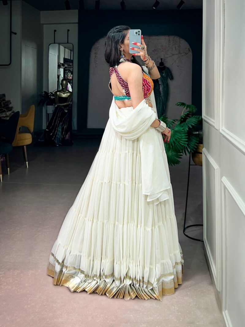 White Bandhani Mirror Work Garba Navratri Lehenga back side look