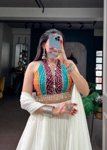 White Bandhani Mirror Work Garba Navratri Lehenga close look