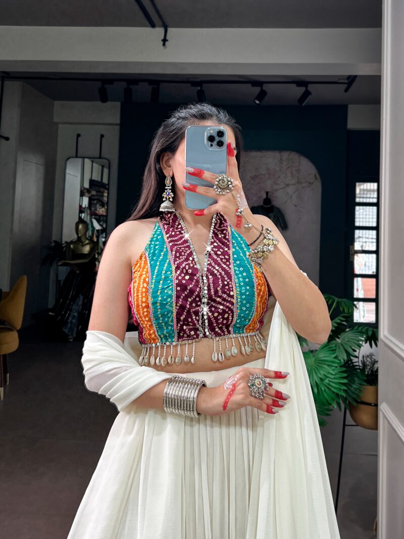 White Bandhani Mirror Work Garba Navratri Lehenga close look