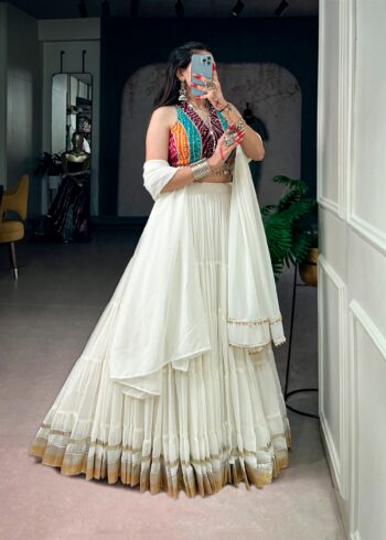 White Bandhani Mirror Work Garba Navratri Lehenga side view
