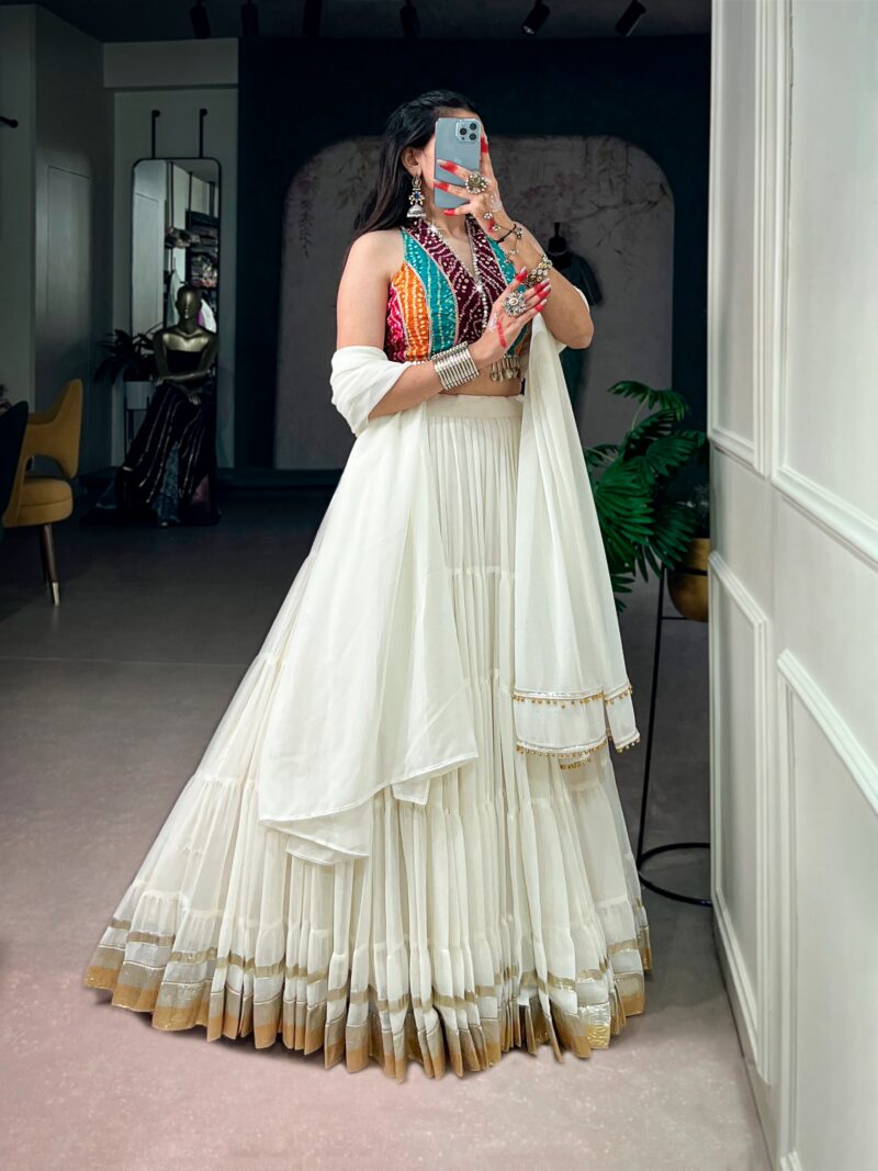 White Bandhani Mirror Work Garba Navratri Lehenga side view