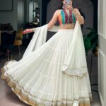 White Bandhani Mirror Work Garba Navratri Lehenga flair look