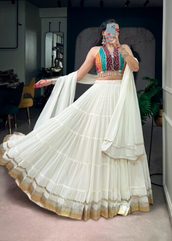 White Bandhani Mirror Work Garba Navratri Lehenga flair look