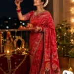 Women Watching Moon in Red viscose Karwa Chauth saree with Meenakari dulhan design and heavy pallu