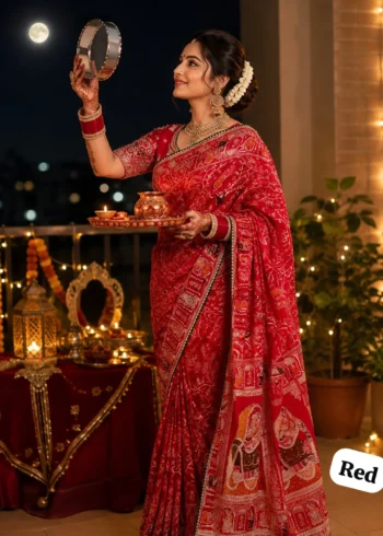 Women Watching Moon in Red viscose Karwa Chauth saree with Meenakari dulhan design and heavy pallu
