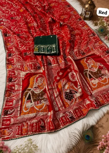 Red viscose Karwa Chauth saree with Meenakari dulhan design and heavy pallu full open design