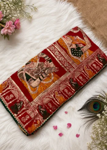 Red viscose Karwa Chauth saree with Meenakari dulhan design and heavy pallu close embroidery