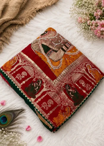 Red viscose Karwa Chauth saree with Meenakari dulhan design and heavy pallu close folded piece